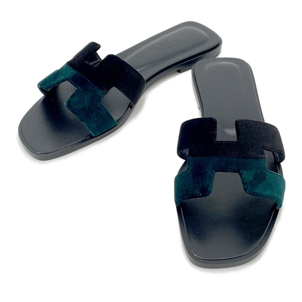 HERMES Oran Two-Tone Sandals Black/VertMoose Leather Velvet Size 38H