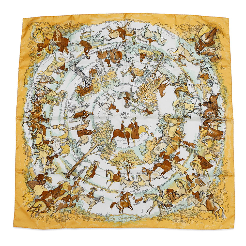 HERMES Carre LES AMAZONES Lady on Horseback Size 90 Yellow/Multicolor Silk100%
