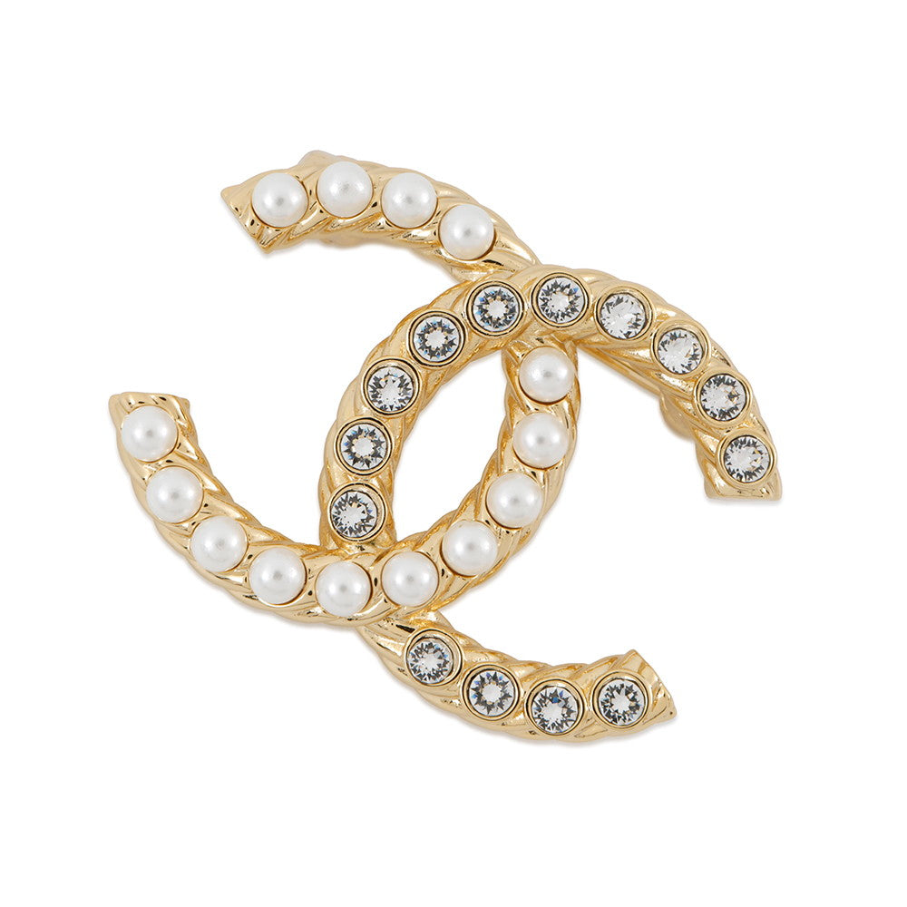 CHANEL CC Logo Pearl Brooch GoldABB082 Gold Plated Rhinestone