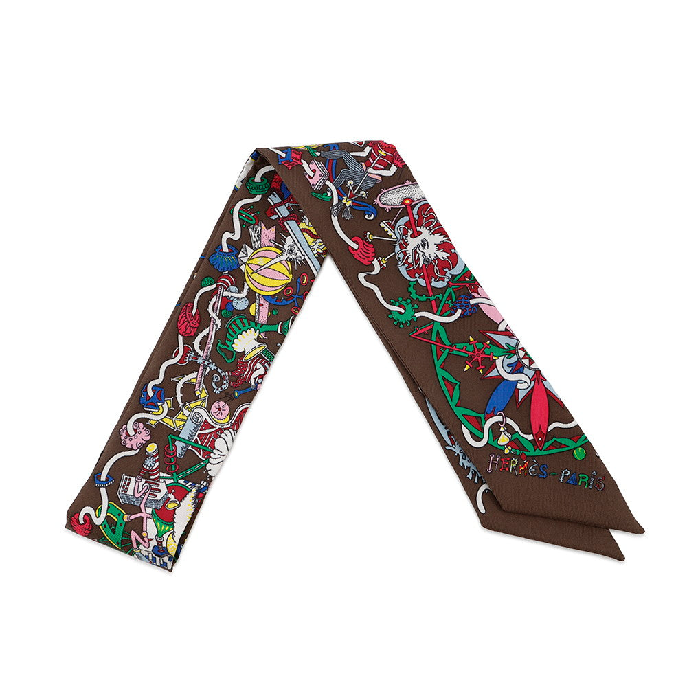 HERMES Twilly La For Parade Marron/Menthe/Jaune Vif Silk100%