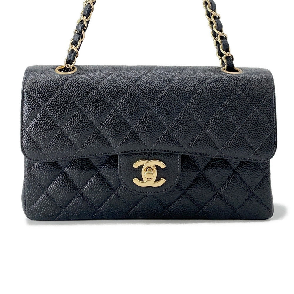 CHANEL Matelasse W Flap W Chain Shoulder BlackA01113 Caviar Leather Size 23