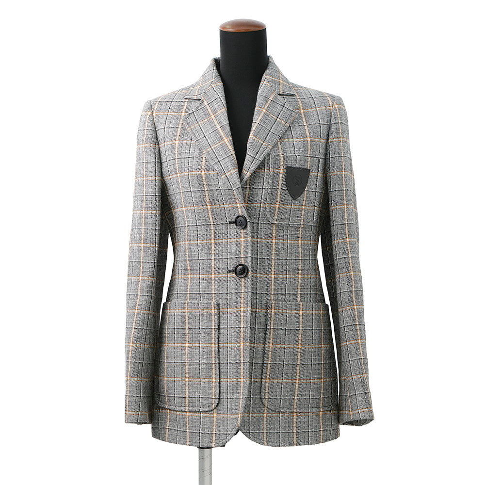 LOUIS VUITTON Leather Trim Check Jacket Size 34 Gray/Black/OrangeRW232W Wool 43% Rayon 23% Cotton23% Linen 8% Nylon 3%