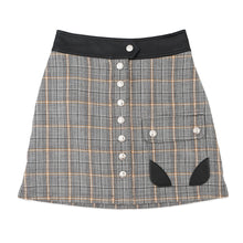 将图像加载到图库查看器中，LOUIS VUITTON Leather Trim Check Skirt Size 36 Gray/Black/OrangeRW232W Wool 43% Rayon 23% Cotton23% Linen 8% Nylon 3% Lamb Leather

