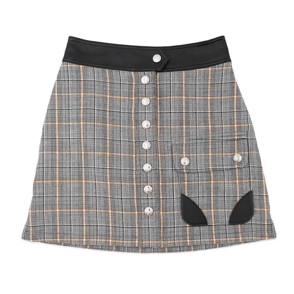 LOUIS VUITTON Leather Trim Check Skirt Size 36 Gray/Black/OrangeRW232W Wool 43% Rayon 23% Cotton23% Linen 8% Nylon 3% Lamb Leather