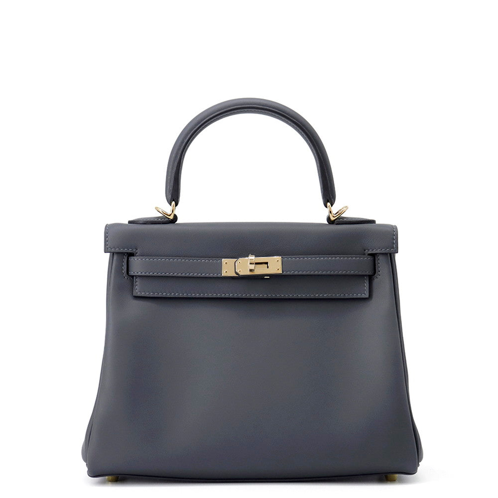 HERMES Kelly Retourne Sewing Verso Grimist/Black Swift Leather Size 25
