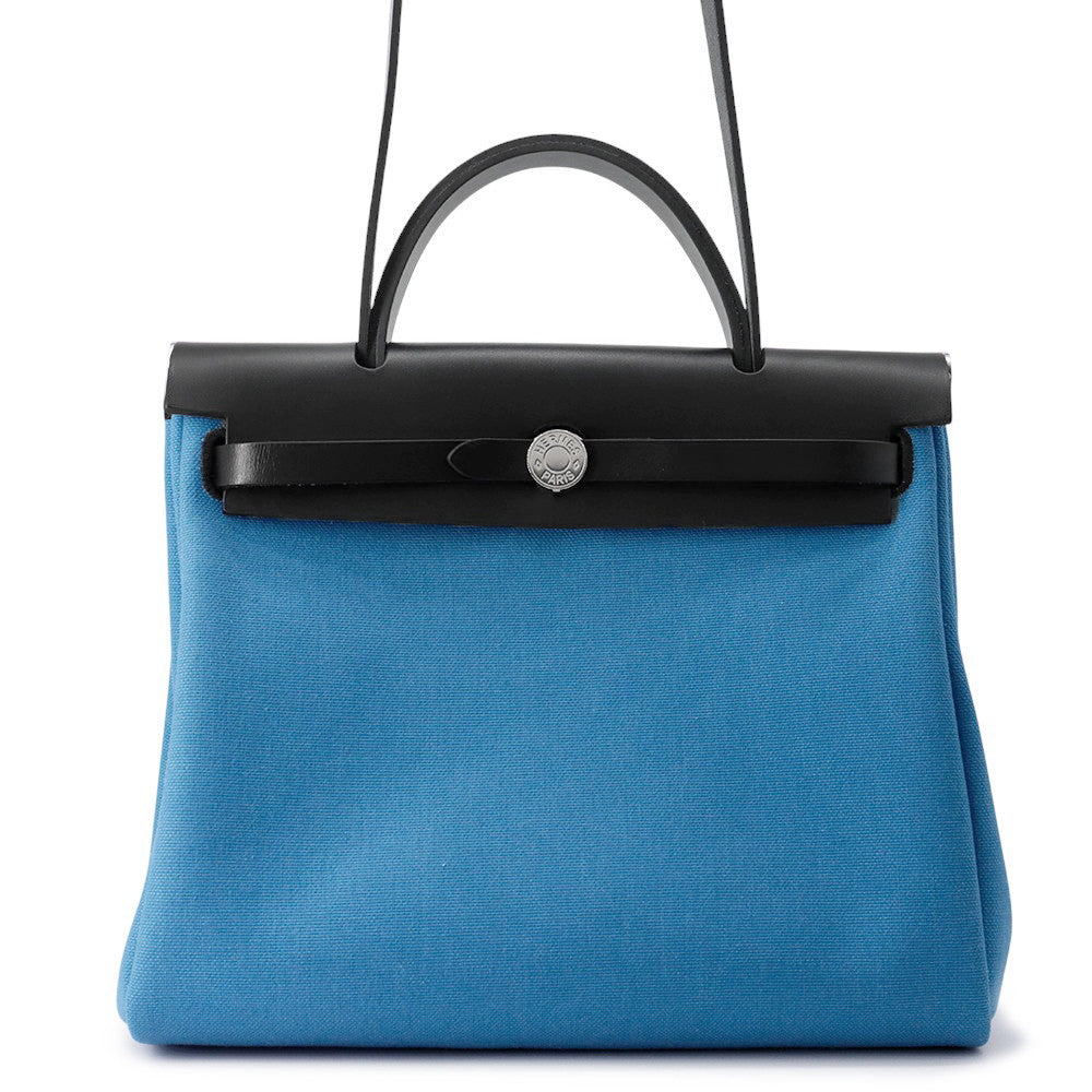 HERMES Herbag zip Black/Blue Toile Military Vache Hunter Leather Size PM