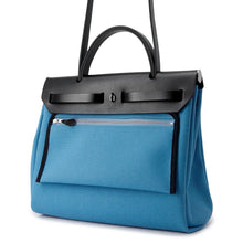 Load image into Gallery viewer, HERMES Herbag zip Black/Blue Toile Military Vache Hunter Leather Size PM
