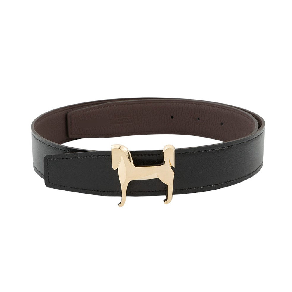 HERMES Belt Panache Black/Chocolat Box Calf Leather Togo Leather Size 75