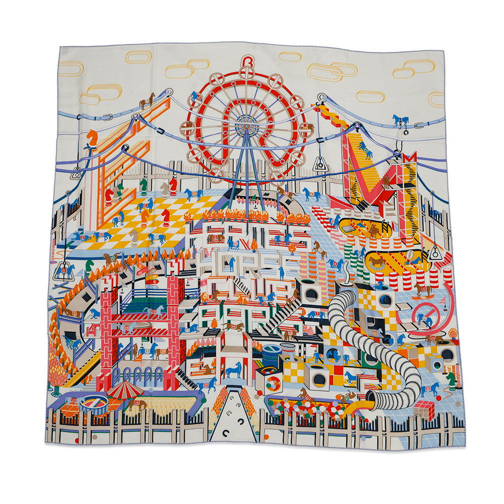 HERMES Giant Square HORSE CLUB Horse Club Size 140 Blue Ciel/Pink/Multicolor Cashmere70%