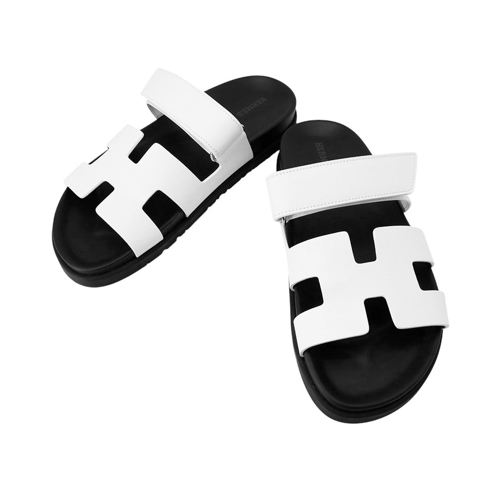 HERMES Shipley Sandals White/Black Calf Leather Size 38 1/2