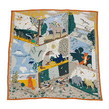 Load image into Gallery viewer, HERMES Giant Square Aesop&#39;s Fables Size 140 Orange/Green/Blue・Ciel Cashmere70% Silk30%

