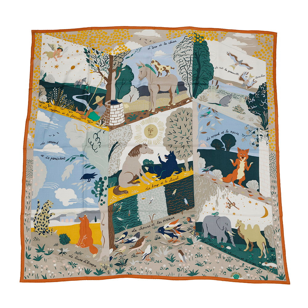 HERMES Giant Square Aesop's Fables Size 140 Orange/Green/Blue・Ciel Cashmere70% Silk30%