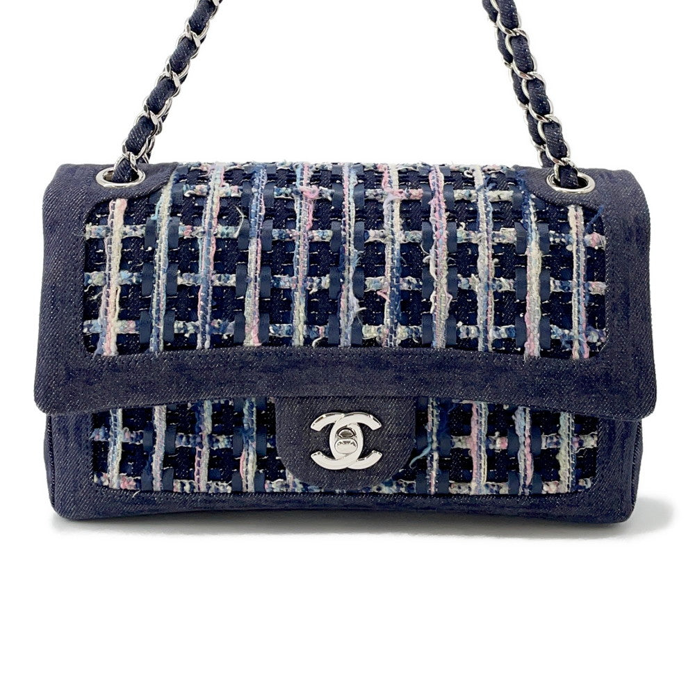 CHANEL Matelasse W flap ChainShoulder NavyA01112 Tweed Denim Leather