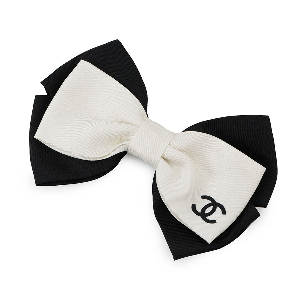 CHANEL Ribbon CC Logo Barrette White/Black Silk Metal
