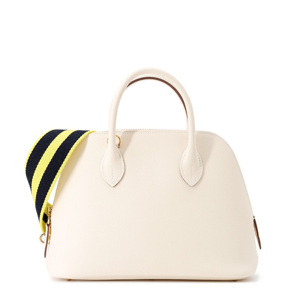 HERMES Bolide 1923 Sangle Woolly Nata/Blue Indigo/Lime Epsom Size 25