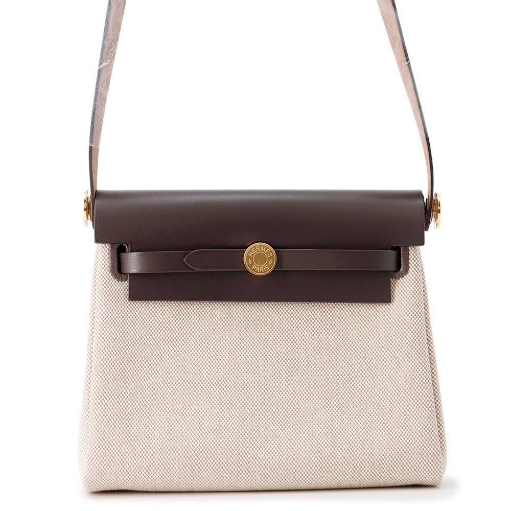 HERMES Herbag zip Ecru/Ebene Toile Military Vache Hunter Leather Size Mini