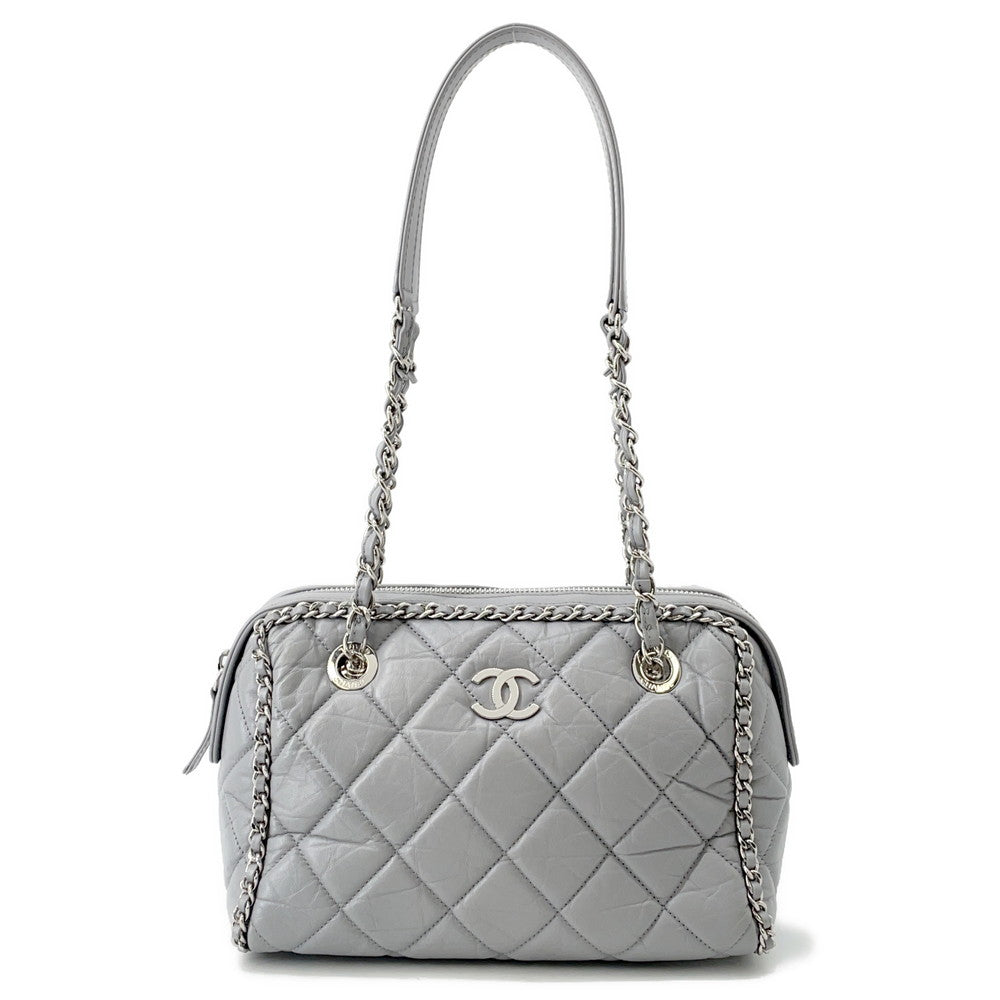 CHANEL Luxury Line ChainShoulder Bag Light Gray Calf Leather