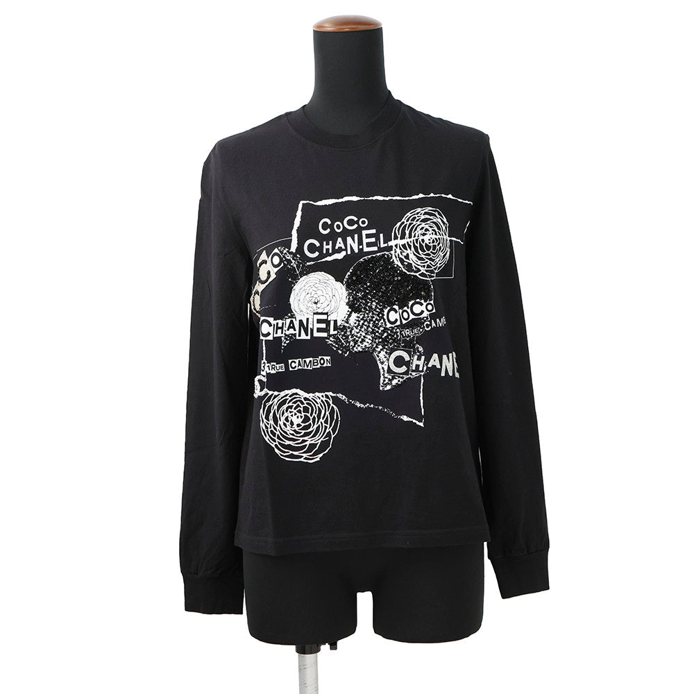 CHANEL Camellia logo long sleeve top Size XS BlackP63300 Cotton100% Sequins