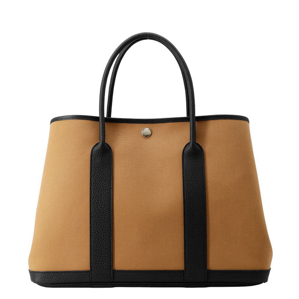 HERMES Garden Party Biscuit/Black Toile H Negonda Leather Size PM