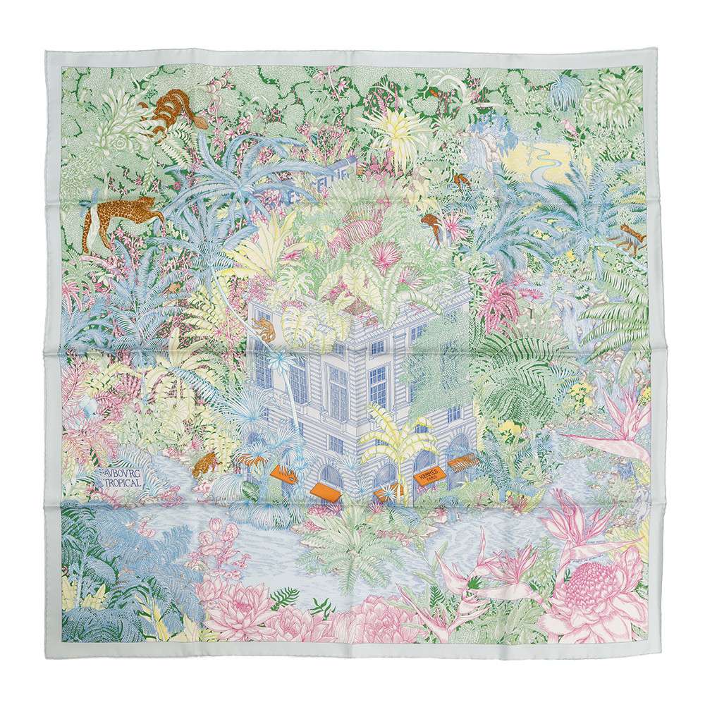 HERMES Carre Fauve Tropical Size 90 Blue/Vert/JauneSoufre Silk100%