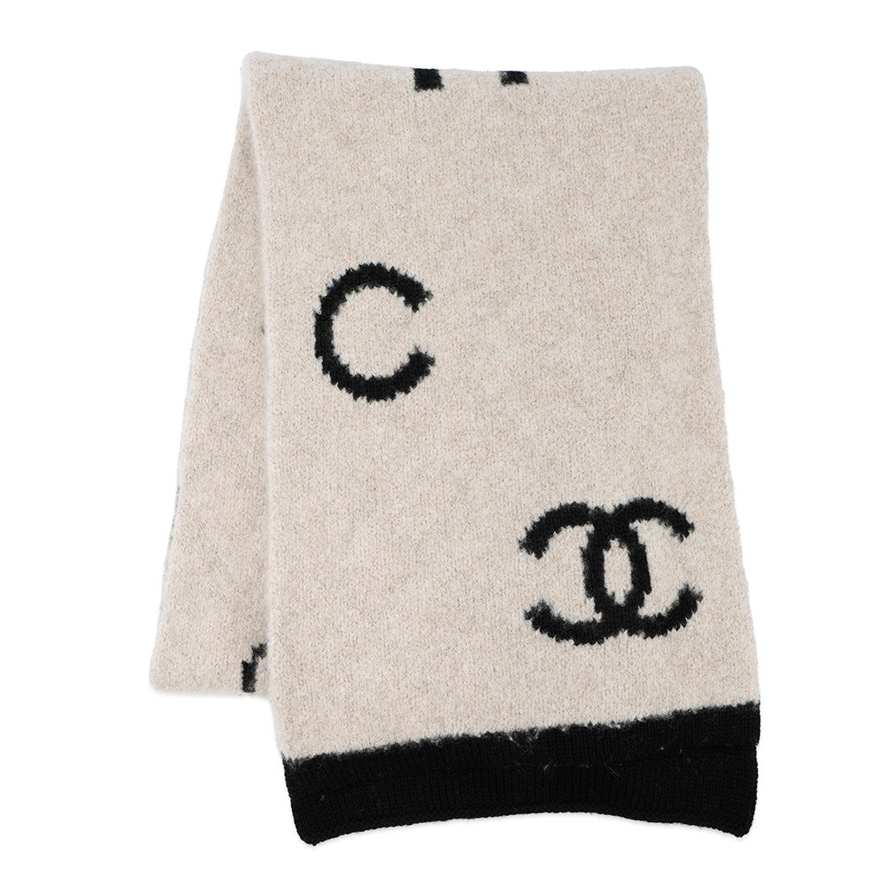 CHANEL Scarf Beige/Black Wool 44% Cashmere44% Silk12%