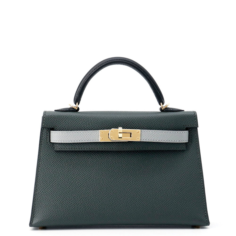 HERMES Mini Kelly 2 Tricolor Vert Mangrove/Black/Green Pantan Epsom