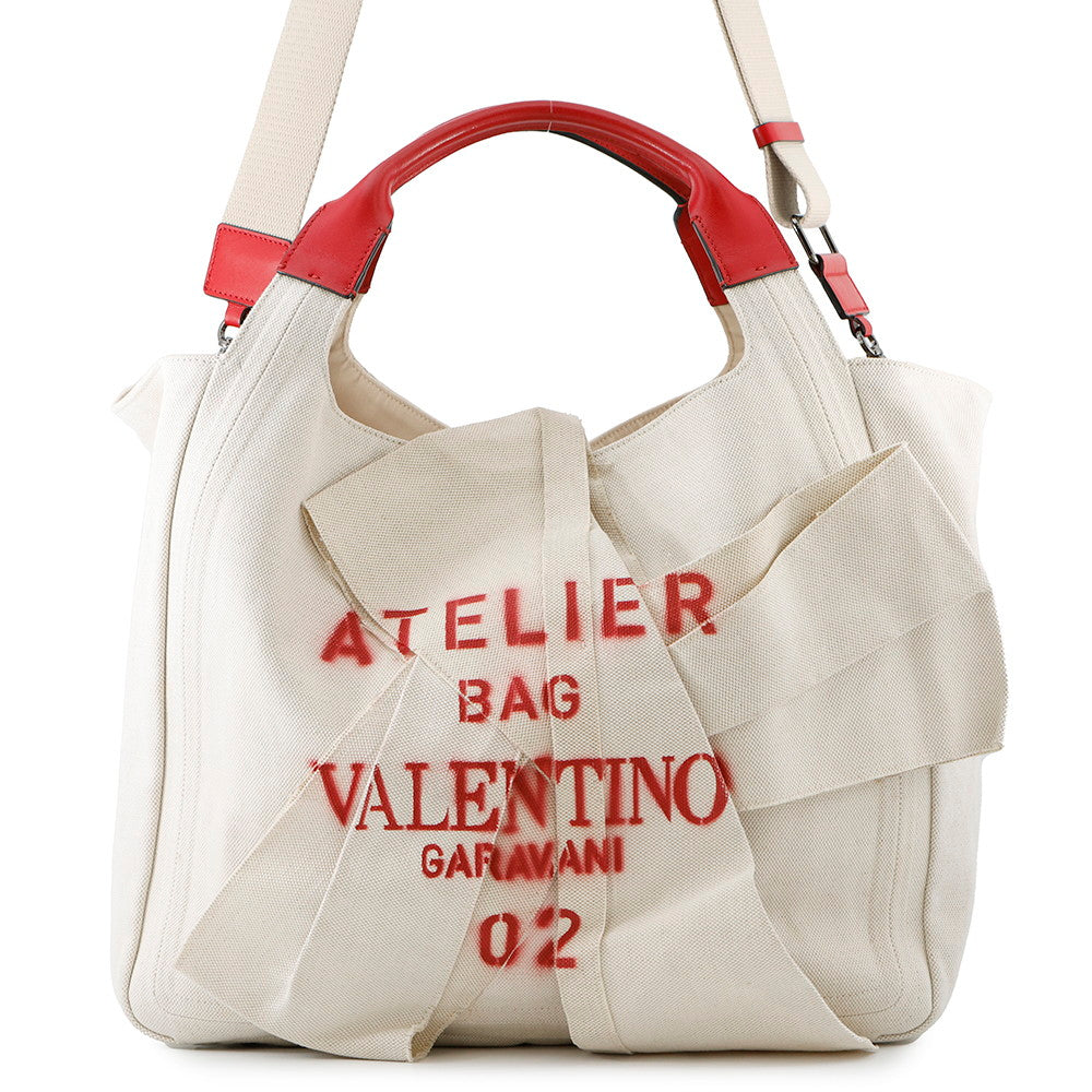 Valentino Garavani Atelier 02 Bow Edition 2-Way Tote Beige/RedUW0B0H95SVJ Canvas Leather