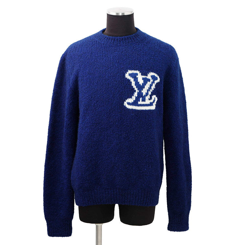 LOUIS VUITTON Intarsia Crew Neck Knit Sweater Size M Blue/White Wool 55% Yak 21% Nylon 20% Polyurethane 4%