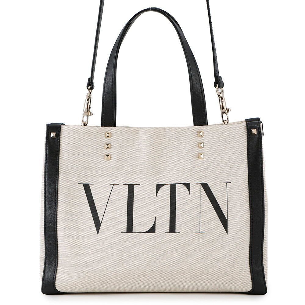 Valentino Garavani VLTN Lock Studded 2-Way Bag Ivory/BlackZW2B0H19FWB Canvas Leather
