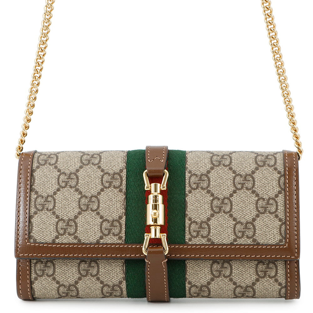 GUCCI GG Supreme Jackie 1961 Chain Wallet Beige/Brown652681 PVC/Leather
