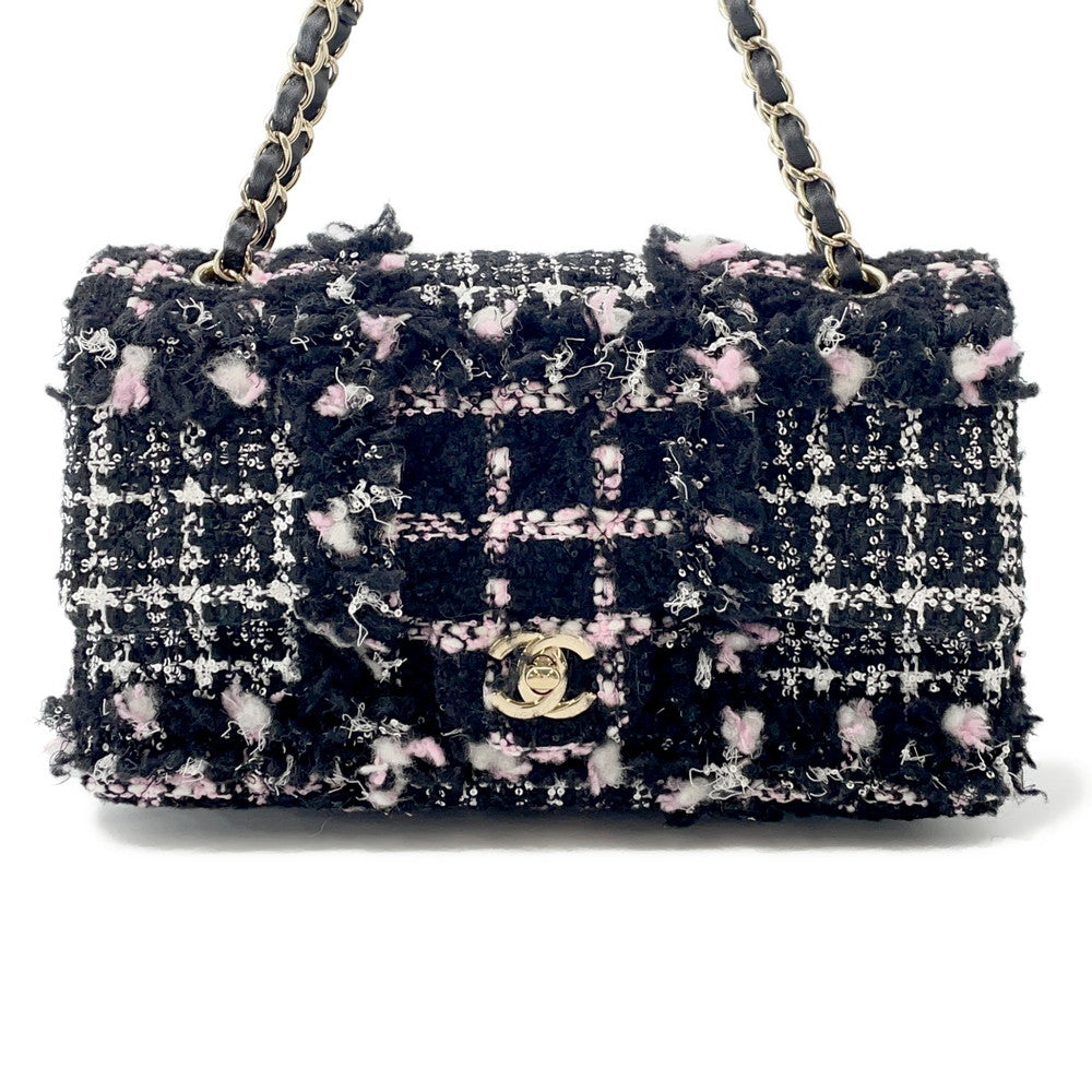 CHANEL Matelasse ChainShoulder Bag Black/White/PinkA01112 Tweed Lambskin Sequins Size 25