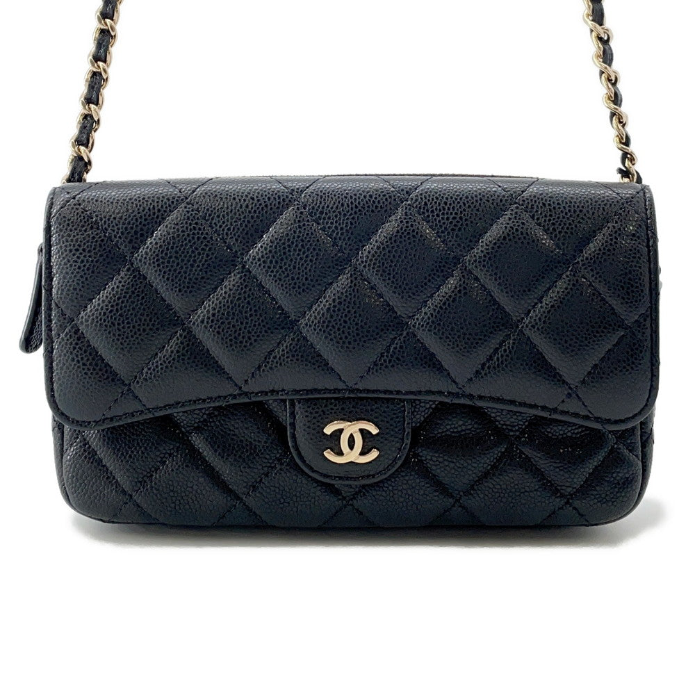CHANEL Matelasse Flap ChainShoulder Phone Pouch BlackAP2096 Caviar Leather