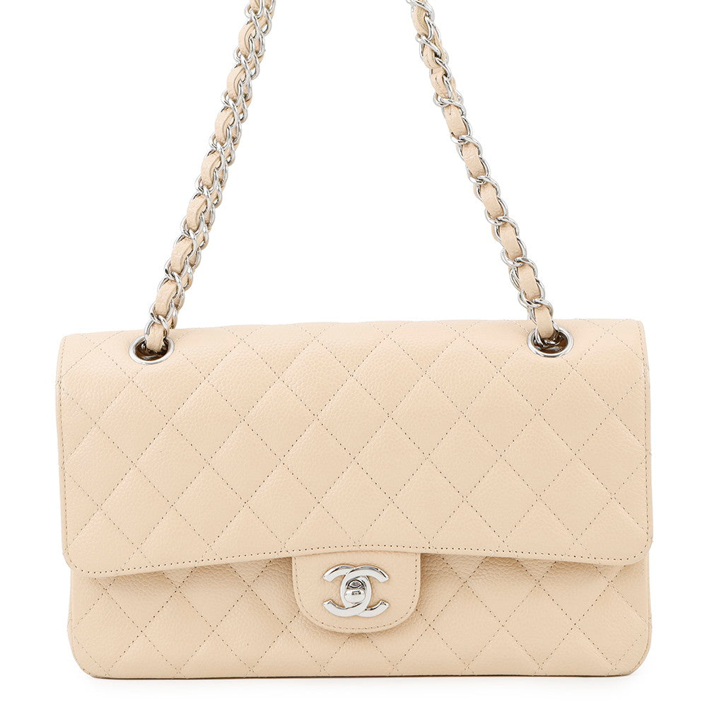 CHANEL Matelasse W Flap ChainShoulder Bag BeigeA01112 Caviar Leather Size 25