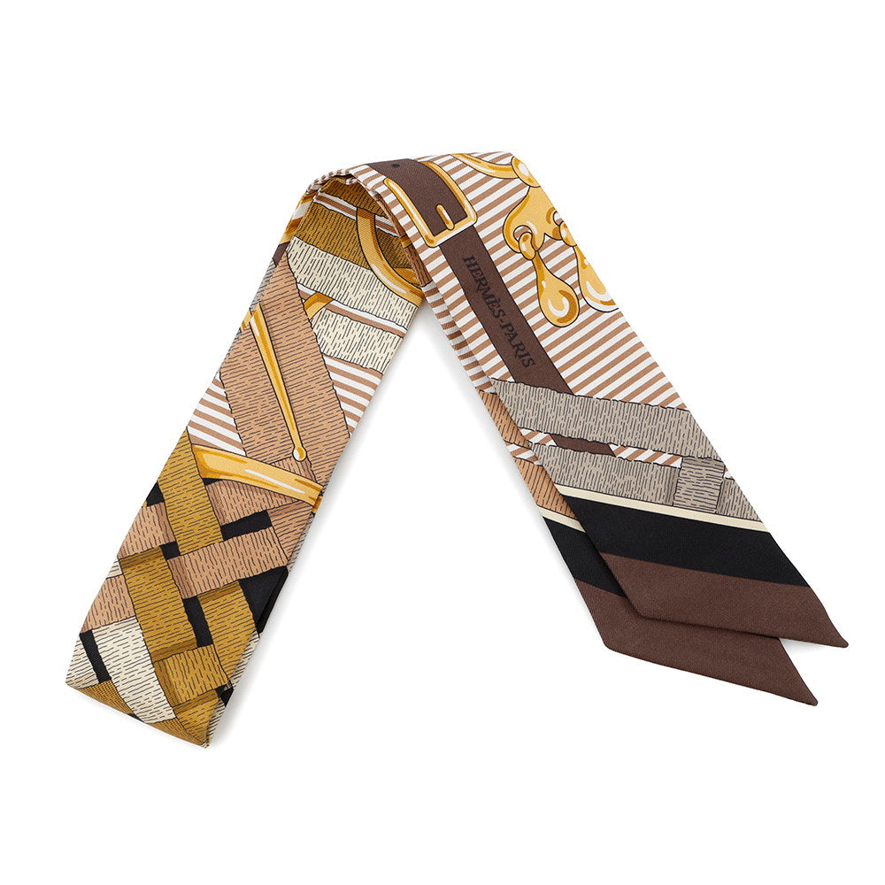 HERMES Twilly Scarf Chocolat / Gold / Black Silk100%