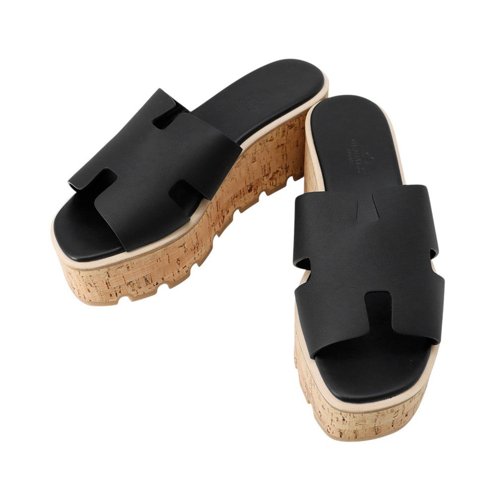HERMES Sandals Eze 30 Black Calf Leather Cork Size 36