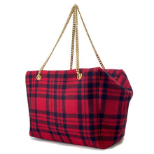 将图像加载到图库查看器中，CELINE Triomphe Pliage Check Chain Tote Bag Red/Black197562 Wool Leather Size Large

