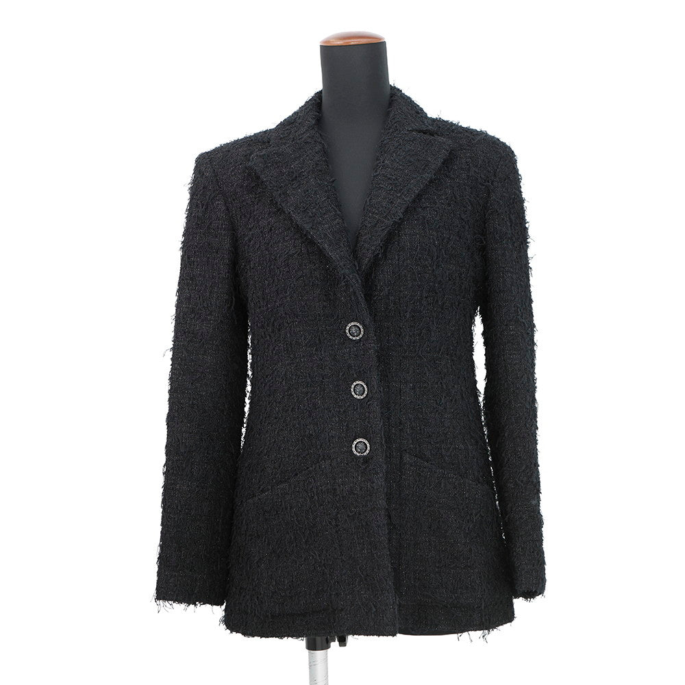 CHANEL CC Logo Lion Head Button Tweed Jacket Size 36 BlackP72390 Cotton Polyester Rhinestone