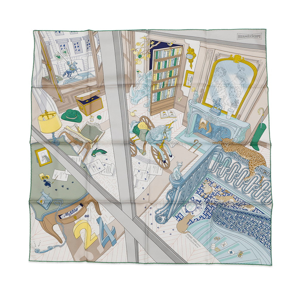 HERMES Scarf Carre Mystery at 24 Gris Pale/Vert/Jaune Silk 100%