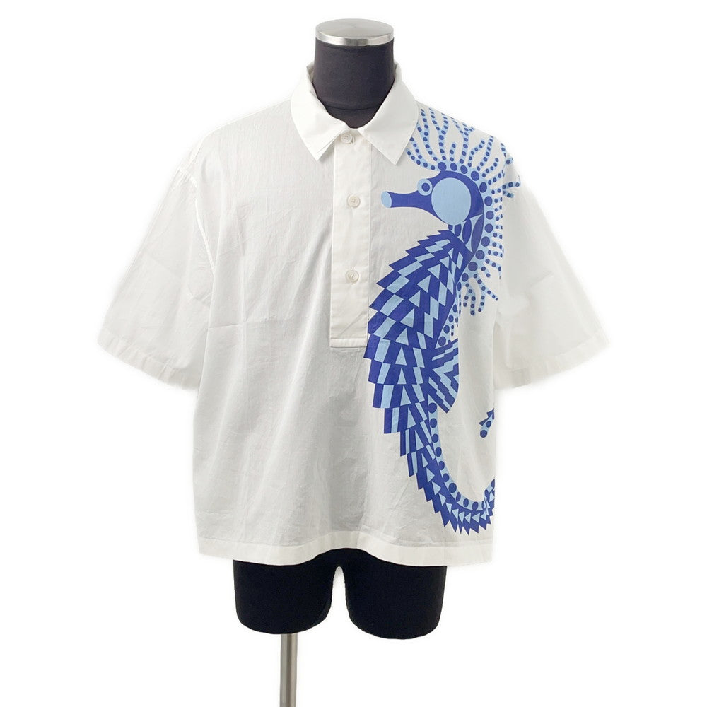 HERMES Seahorse Print Short Sleeve Shirt Size 41 White/Blue Cotton100%