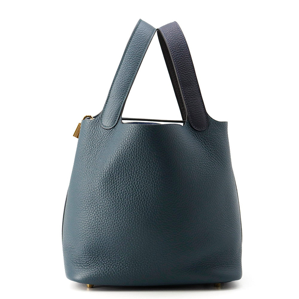 HERMES Picotin Lock Casaque2 Blue Nuit/Vert Cypress/Black Taurillon Clemence Size MM