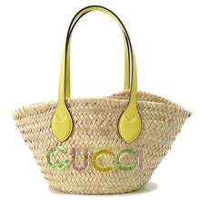将图像加载到图库查看器中，GUCCI Logo Basket Bag Yellow/Natural782381 Straw Leather
