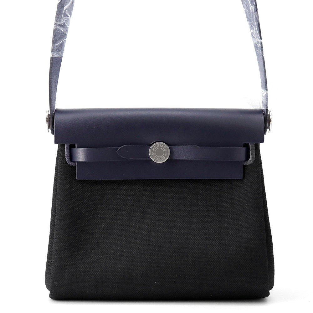 HERMES Herbag zip Blue Indigo/Black Vache Hunter Leather Toile Military Size Mini
