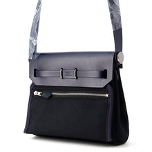 将图像加载到图库查看器中，HERMES Herbag zip Blue Indigo/Black Vache Hunter Leather Toile Military Size Mini
