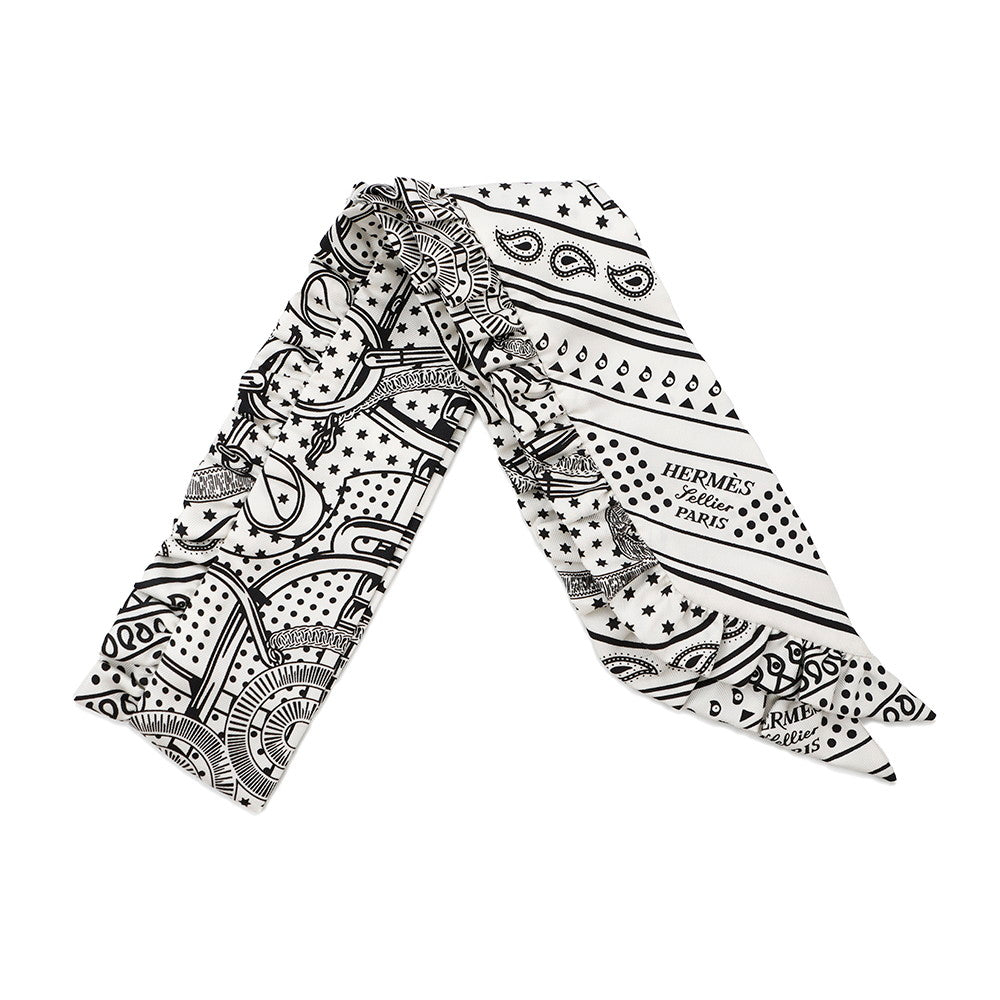 HERMES Twilly Frill Apron Doll Bandana Black/White Silk100%