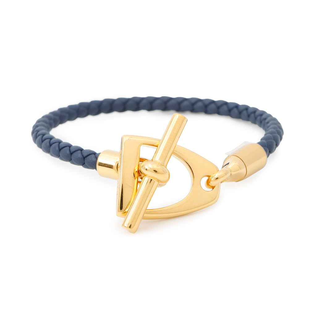 HERMES Etrier Bracelet Navy Swift Leather Metal
