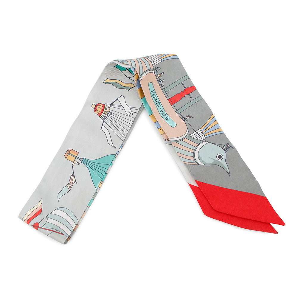 HERMES Twilly LES FOLIES DU CIEL Grena Pearl/Grenadine/Vert061722S Silk100%