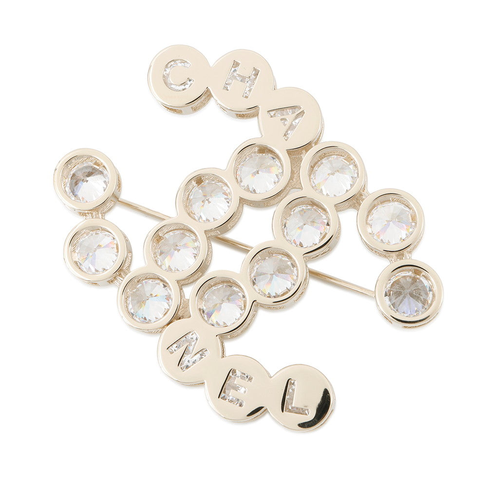 CHANEL CC Logo Brooch Rhinestone Gold Plated