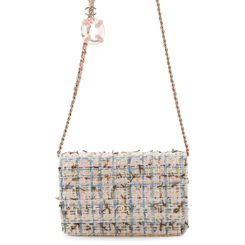 CHANEL Matelasse Tweed Chain Wallet White/Pink/BlueA33814 Tweed