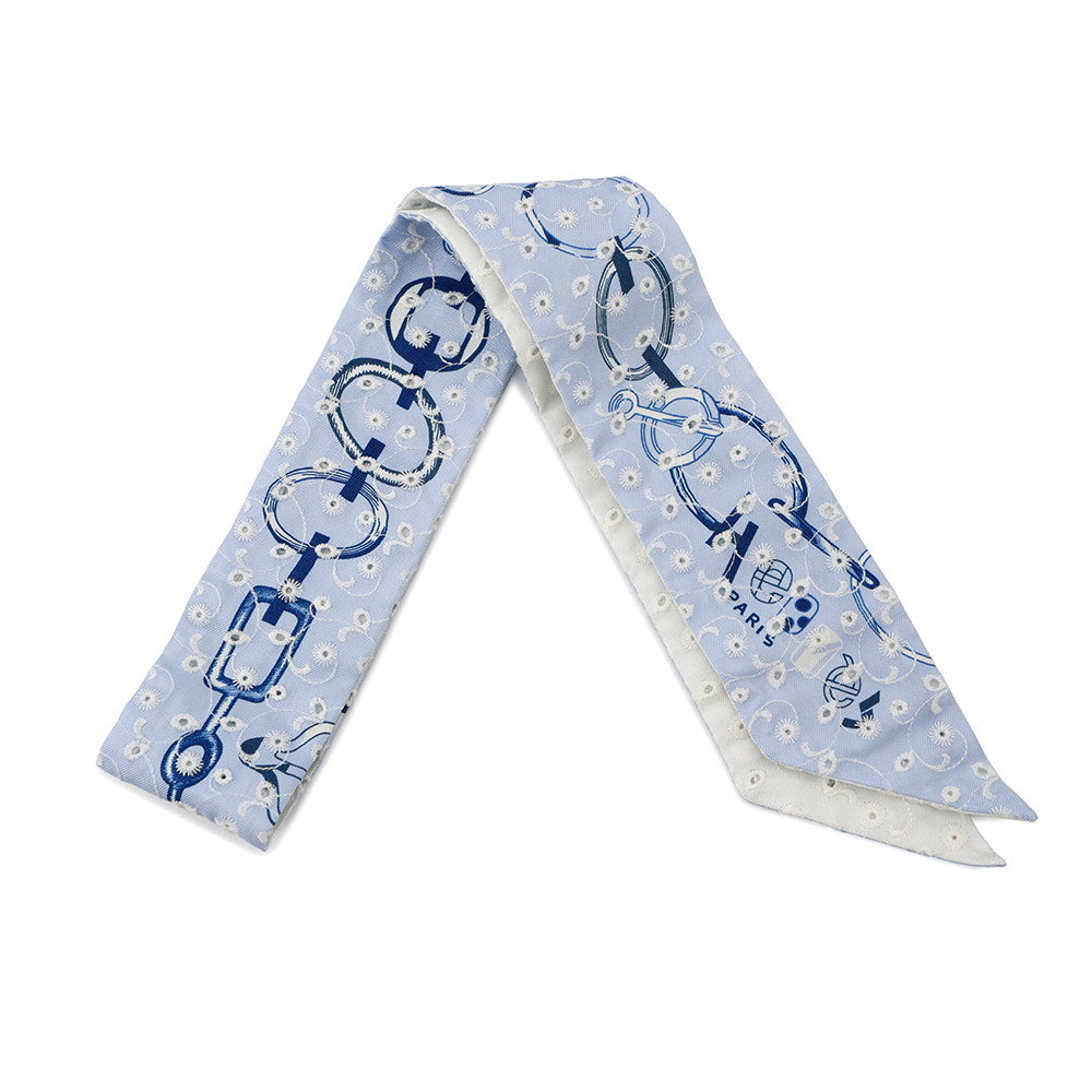 HERMES Twilly Do Re Boucles Broderie Anglaise Blue/Blanc/MarineH853951S Silk100%