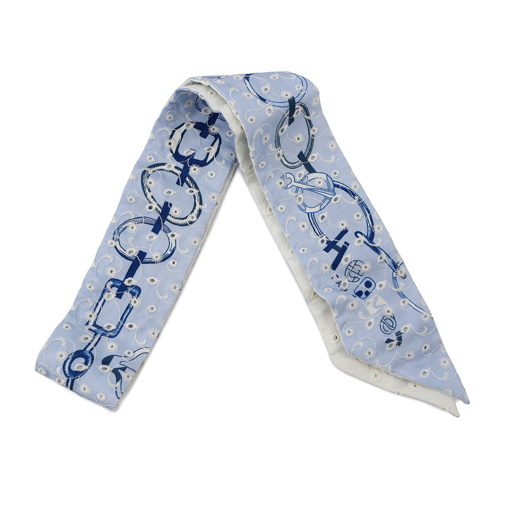 HERMES Twilly Do Re Boucles Broderie Anglaise Blue/Blanc/MarineH853951S Silk100%